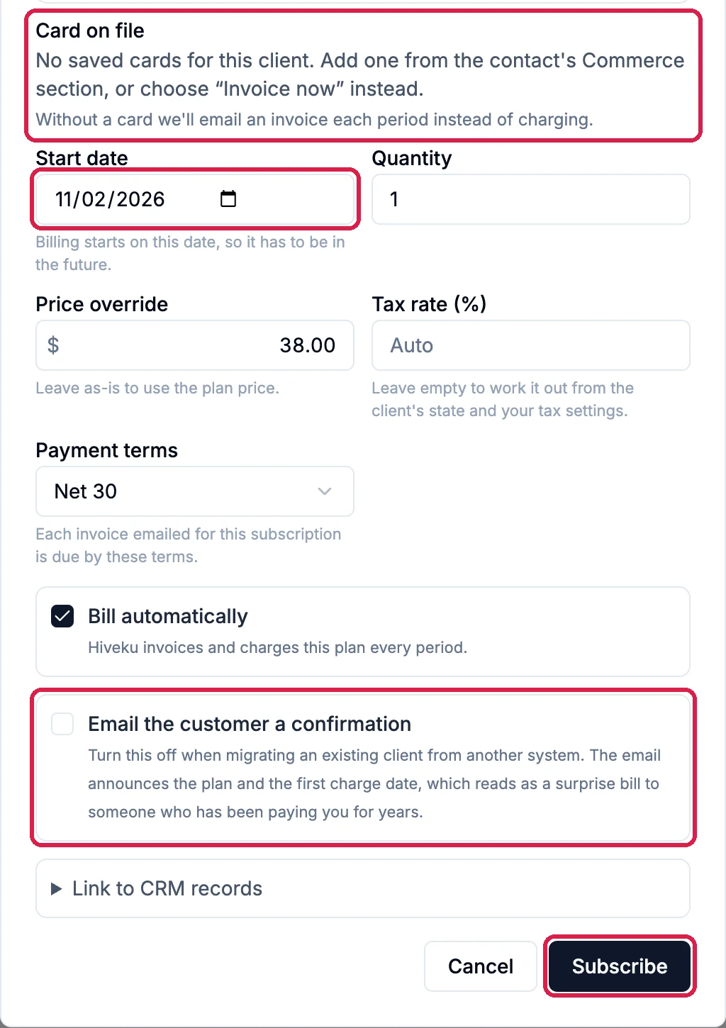 The lower part of the dialog with Card on file outlined, saying there are no saved cards and an invoice will be emailed each period instead; Start date 11/02/2026 outlined; Quantity 1, Price override 38.00, Tax rate Auto, Payment terms Net 30, Bill automatically ticked; Email the customer a confirmation unticked and outlined; and the Subscribe button outlined