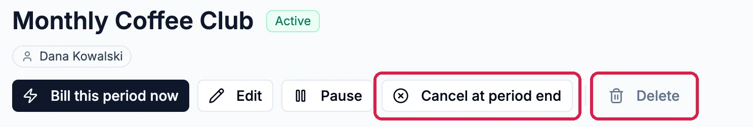The subscription's buttons with Cancel at period end and Delete outlined