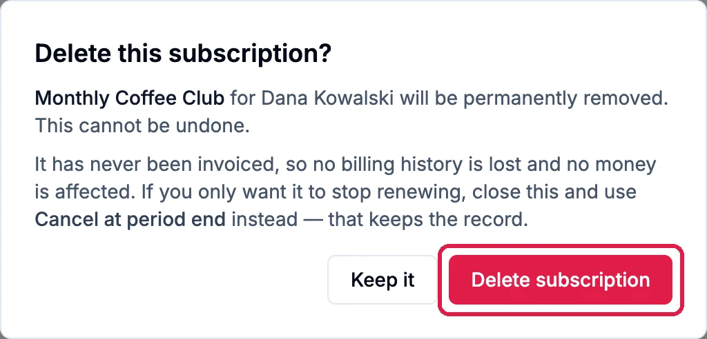 The Delete this subscription? dialog for Monthly Coffee Club for Dana Kowalski, saying it has never been invoiced, with the Delete subscription button outlined next to Keep it