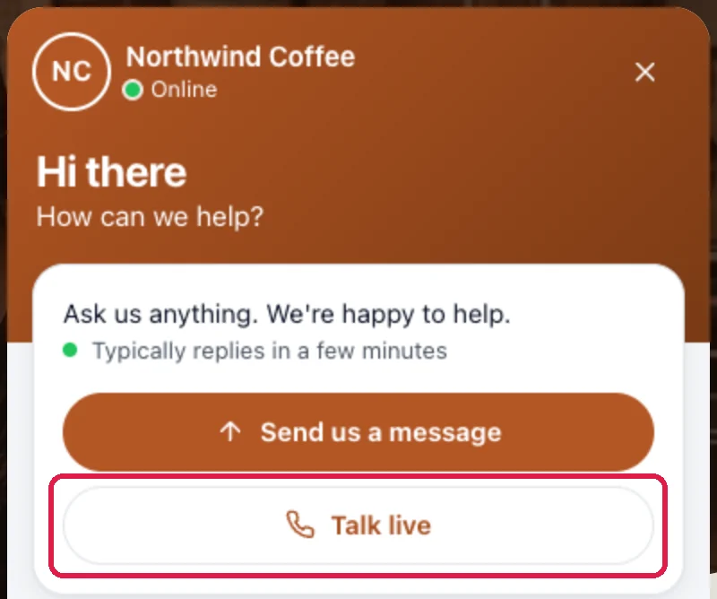 The Northwind Coffee chat: Hi there, How can we help? Ask us anything, Send us a message, and Talk live, outlined
