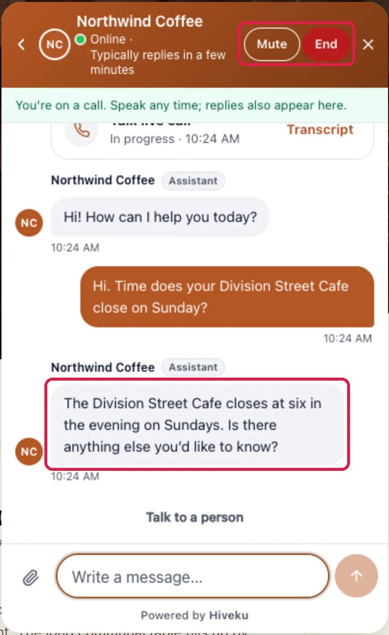 The chat during the call, with Mute and End, outlined: the assistant's Hi! How can I help you today?, the visitor's question about when the Division Street café closes on Sunday, and the answer, The Division Street Cafe closes at six in the evening on Sundays, outlined