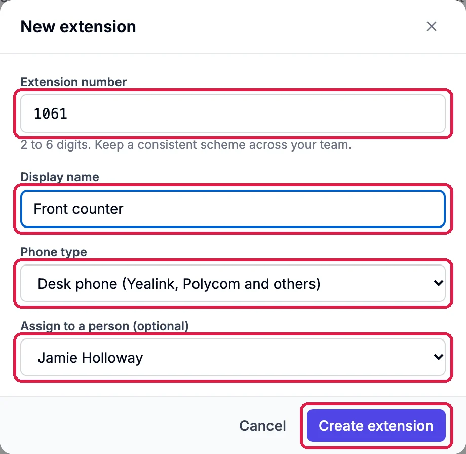 New extension: Extension number 1061, Display name Front counter, Phone type Desk phone (Yealink, Polycom and others), Assign to a person Jamie Holloway, all outlined, and Create extension, outlined