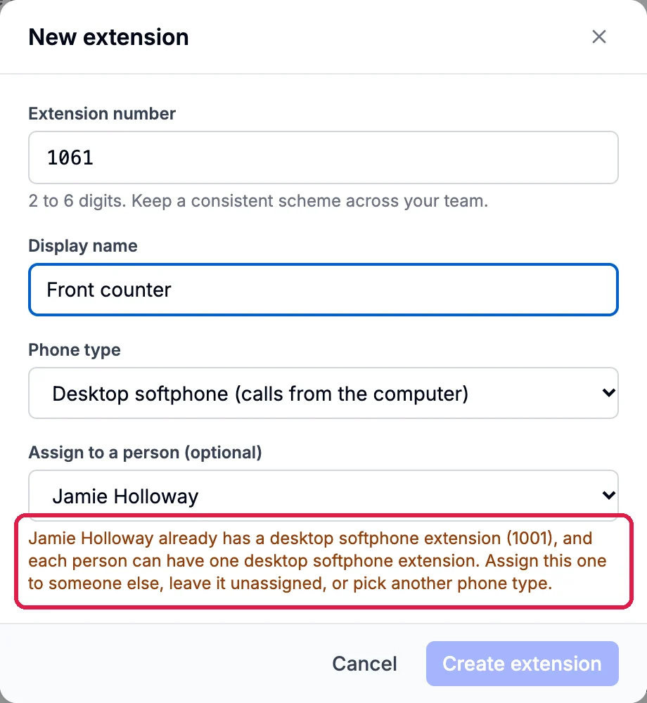 New extension with Desktop softphone and Jamie Holloway picked, and the message Jamie Holloway already has a desktop softphone extension (1001), and each person can have one desktop softphone extension. Assign this one to someone else, leave it unassigned, or pick another phone type, outlined; Create extension is greyed out
