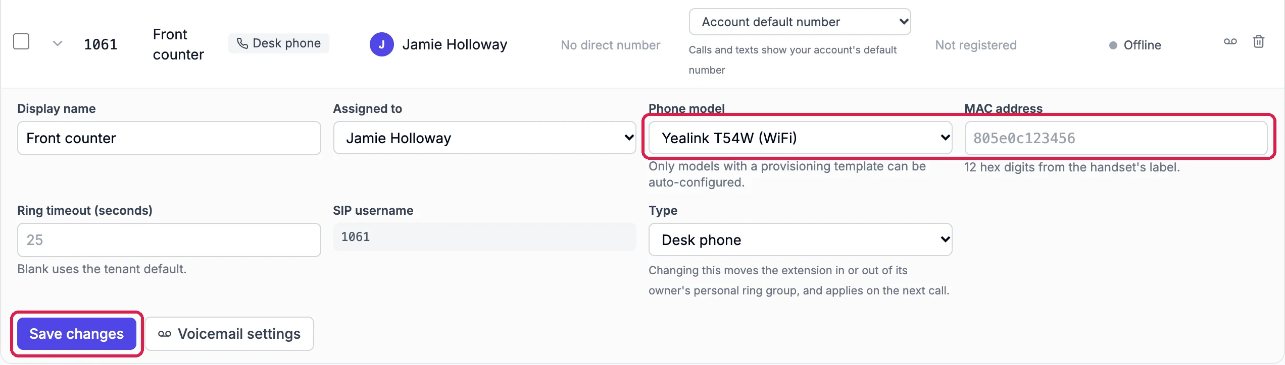 The 1061 Front counter line opened: Display name, Assigned to Jamie Holloway, Phone model Yealink T54W (WiFi) and MAC address, outlined, Ring timeout, SIP username 1061, Type Desk phone, and Save changes, outlined