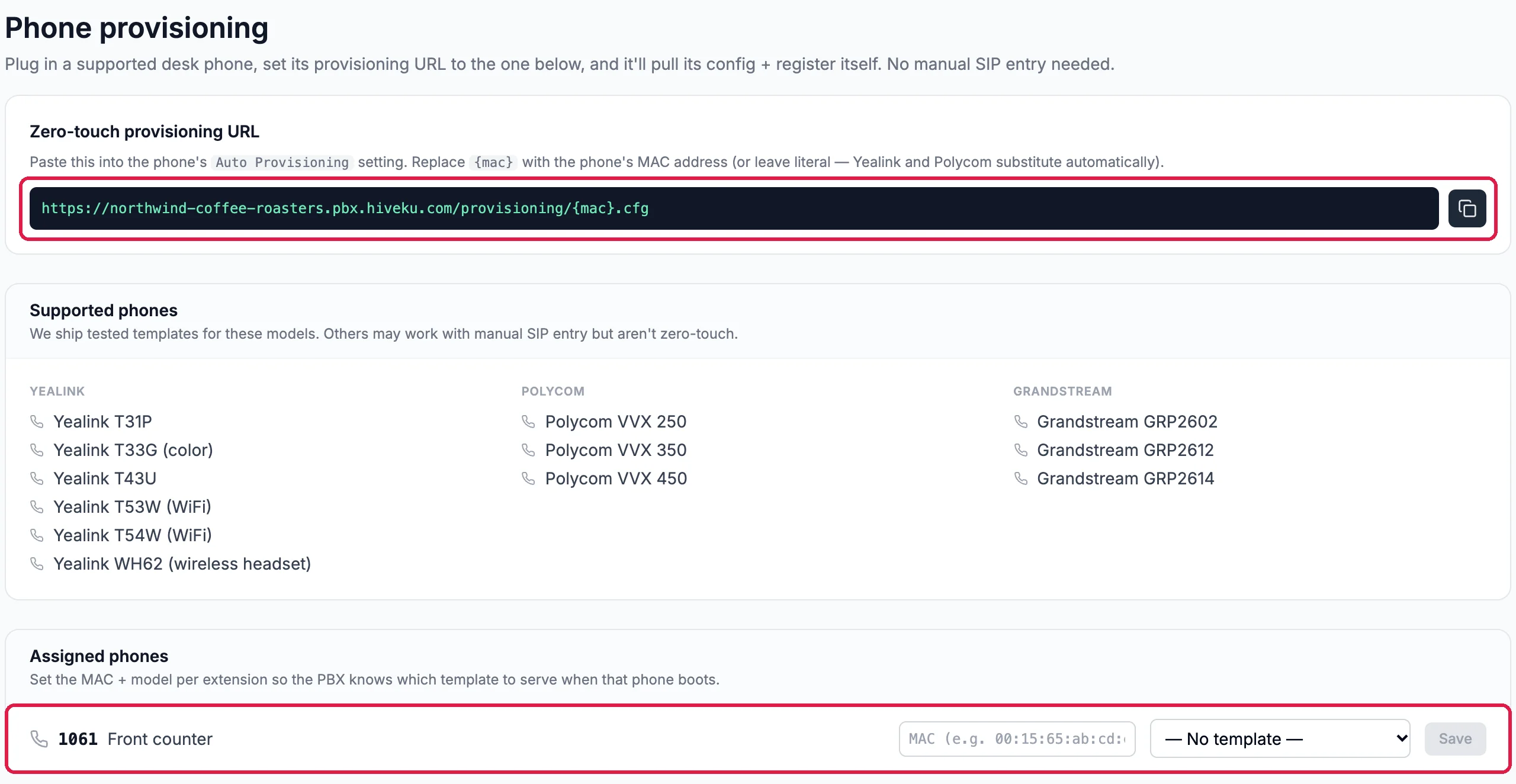 Phone provisioning: the Zero-touch provisioning URL with its copy button, outlined; Supported phones, Yealink T31P, T33G, T43U, T53W, T54W and WH62, Polycom VVX 250, 350 and 450, Grandstream GRP2602, GRP2612 and GRP2614; and Assigned phones with 1061 Front counter, outlined