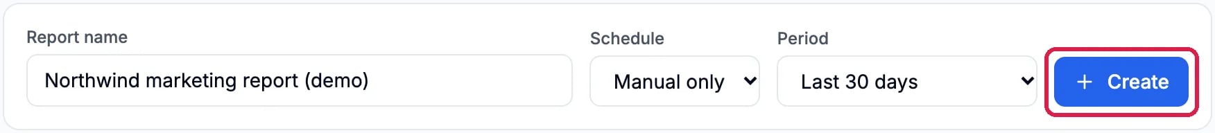 New report: Report name Northwind marketing report (demo), Schedule Manual only, Period Last 30 days, and Create, outlined