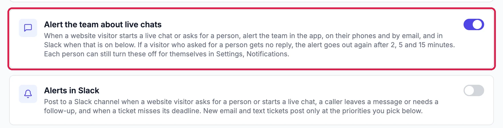 Alert the team about live chats, switched on, outlined, with Alerts in Slack below it