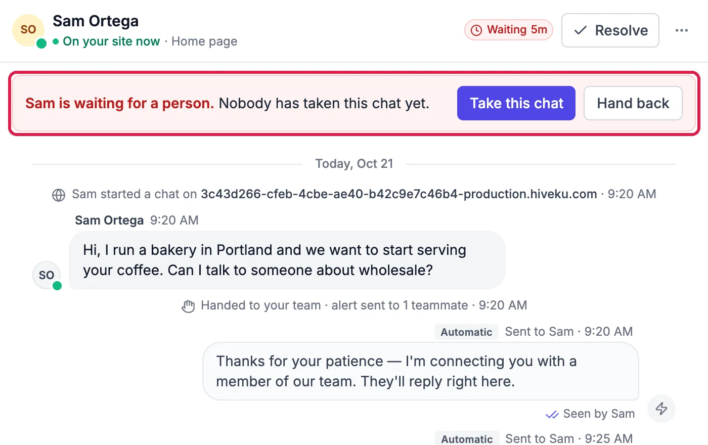The conversation with Sam Ortega, On your site now: the banner Sam is waiting for a person. Nobody has taken this chat yet., with Take this chat and Hand back, outlined