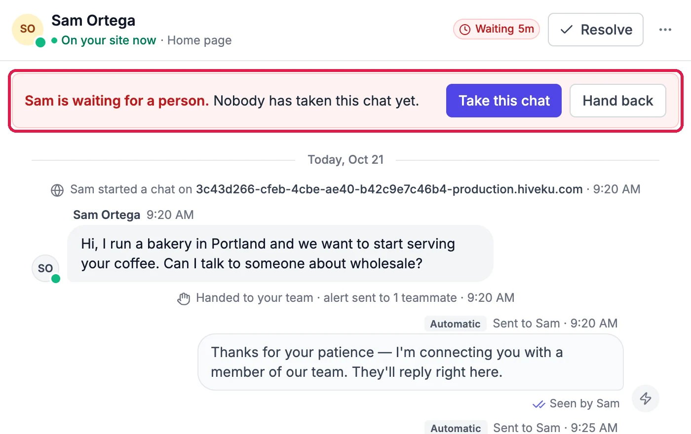 The conversation with Sam Ortega, On your site now: the banner Sam is waiting for a person. Nobody has taken this chat yet., with Take this chat and Hand back, outlined