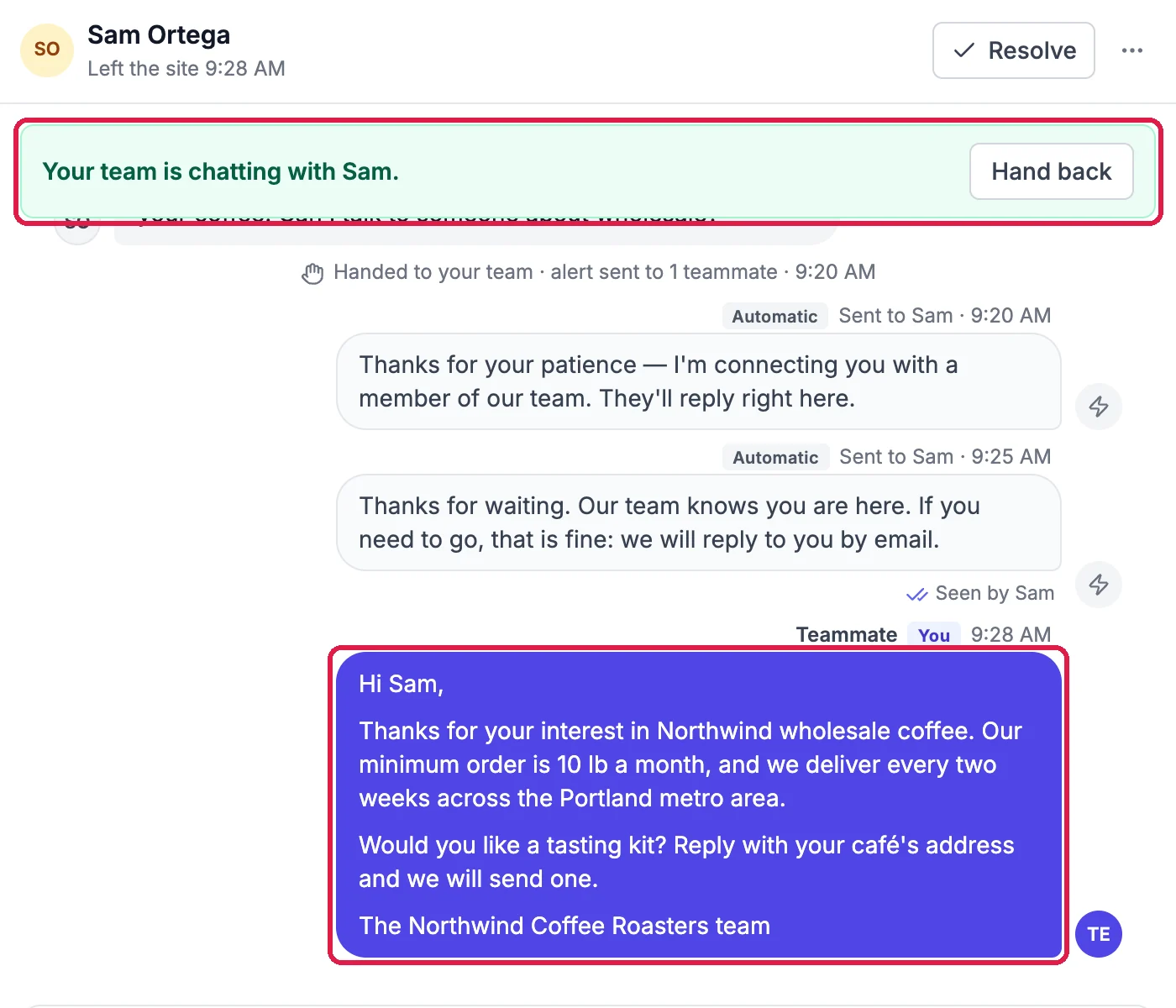 The banner Your team is chatting with Sam. and the team's reply Hi Sam, Thanks for your interest in Northwind wholesale coffee, both outlined
