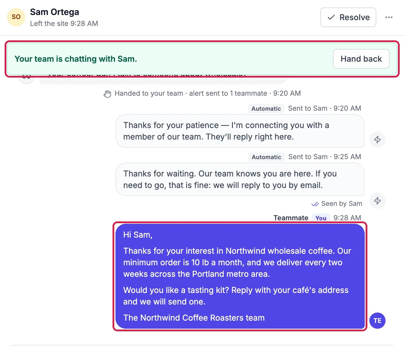 The banner Your team is chatting with Sam. and the team's reply Hi Sam, Thanks for your interest in Northwind wholesale coffee, both outlined