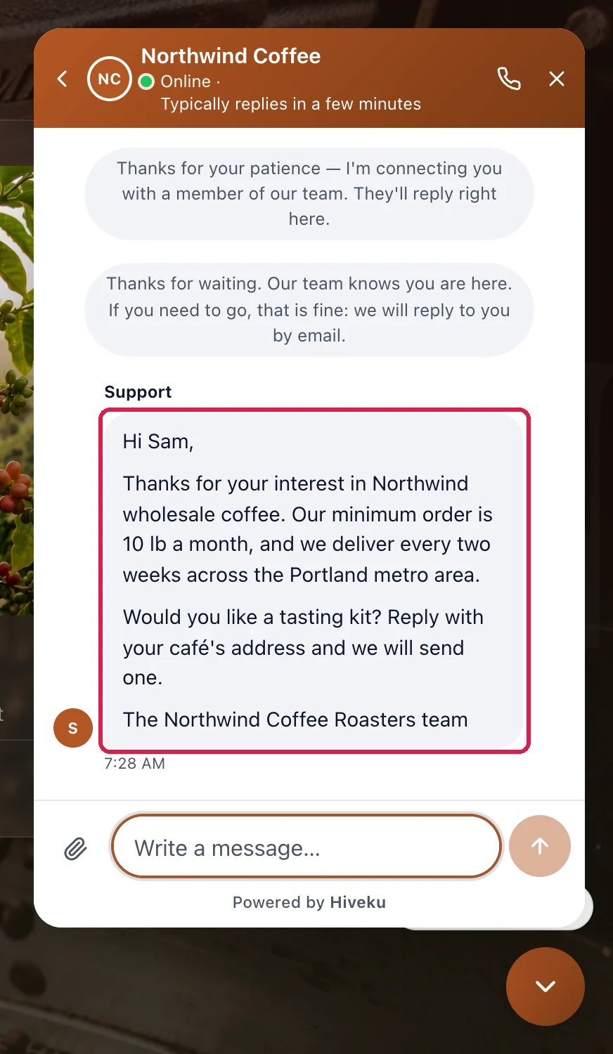 The Northwind chat on the website with the team's reply Hi Sam, Thanks for your interest in Northwind wholesale coffee, outlined