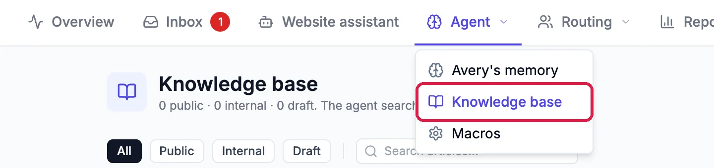 The Helpdesk tabs with the Agent menu open: Avery's memory, Knowledge base and Macros, with Knowledge base outlined