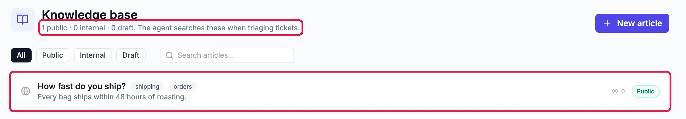 The Knowledge base with 1 public article: How fast do you ship?, tagged shipping and orders, with the Public badge, outlined