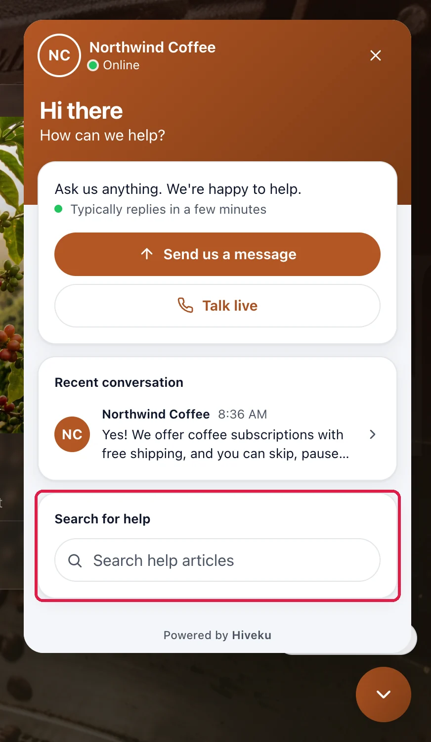 The open chat on the Northwind site, with the Search for help box outlined under Send us a message and Talk live