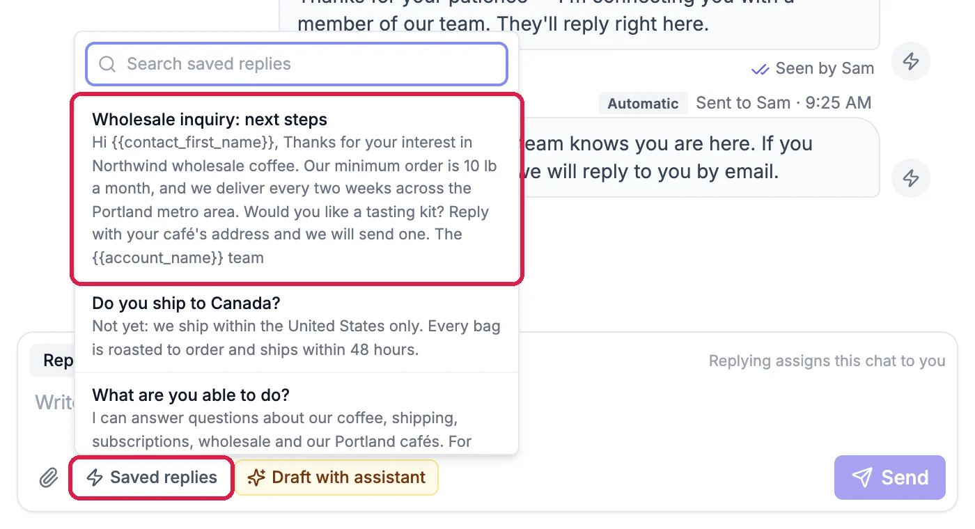 The saved replies list open above the reply box, with Wholesale inquiry: next steps and the Saved replies button outlined