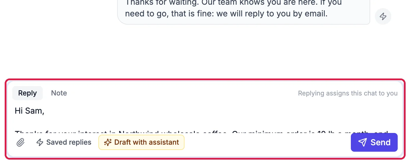 The reply box starting Hi Sam, with the Send button, outlined