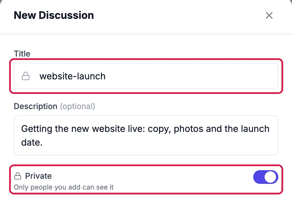 New Discussion: Title website-launch, outlined; Description, Getting the new website live: copy, photos and the launch date; and Private, switched on, Only people you add can see it, outlined