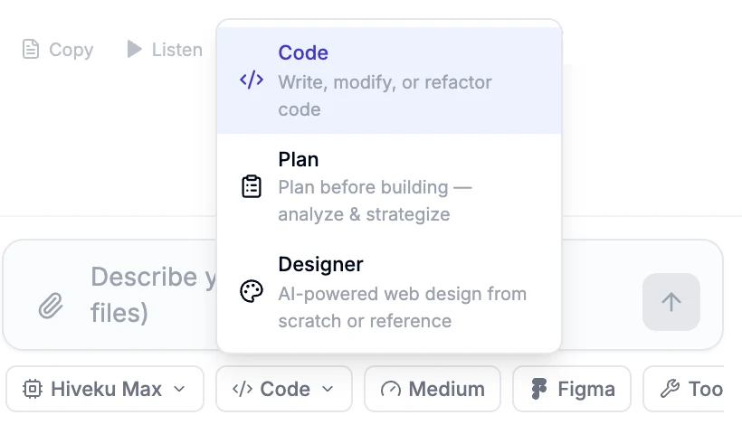 The mode menu open under the chat box, listing Code, Plan and Designer