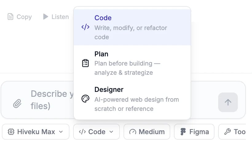 The mode menu open under the chat box, listing Code, Plan and Designer