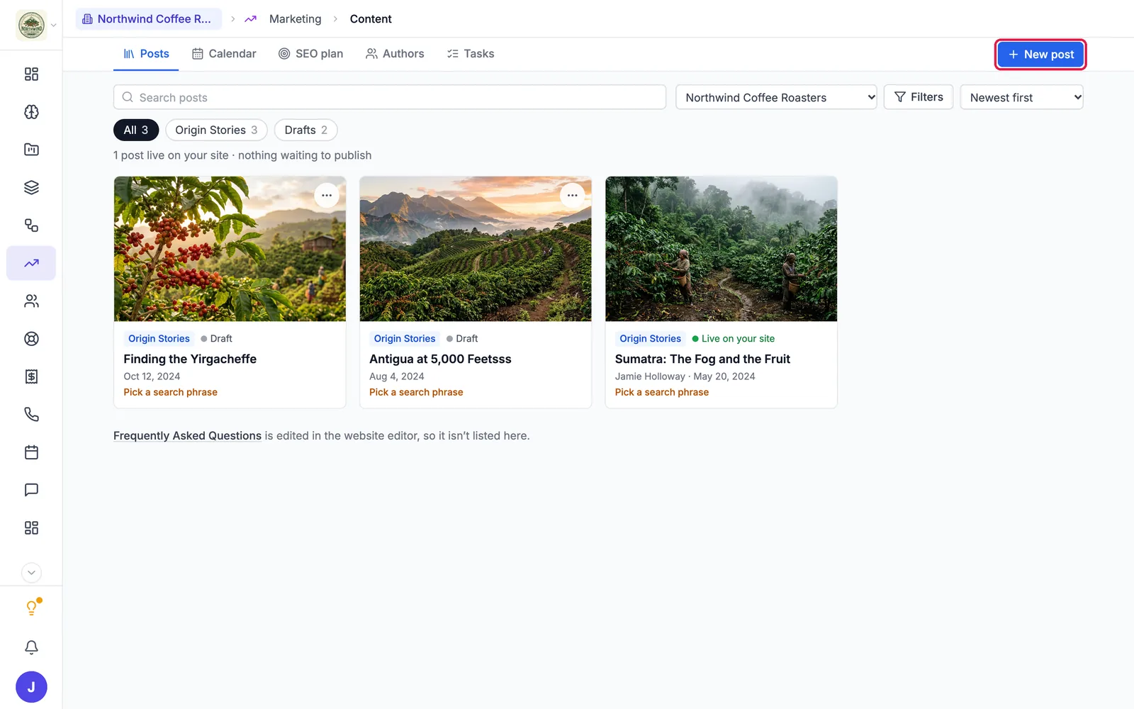 The Marketing Content page with three Northwind posts and the New post button outlined