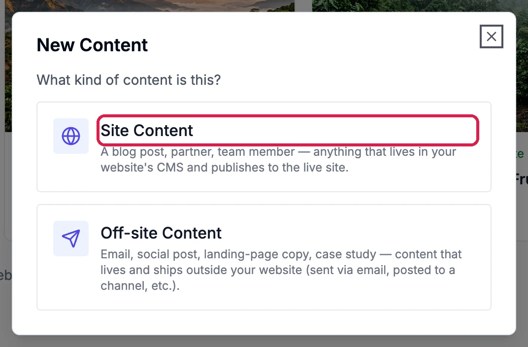 The New Content box asking What kind of content is this?, with Site Content outlined
