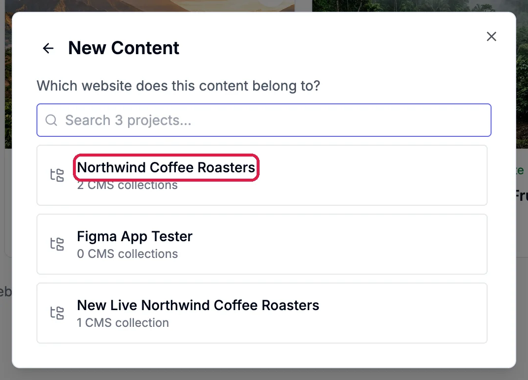 The New Content box listing three websites, with Northwind Coffee Roasters outlined