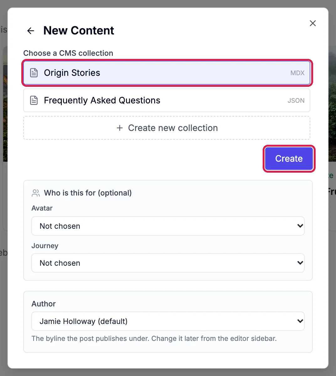 The New Content box with the Origin Stories collection and the Create button outlined, and the Author set to Jamie Holloway