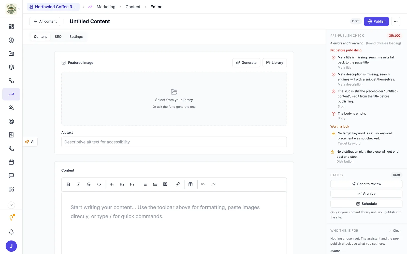 The post editor with an empty featured image, the content box, and the Pre-publish check on the right