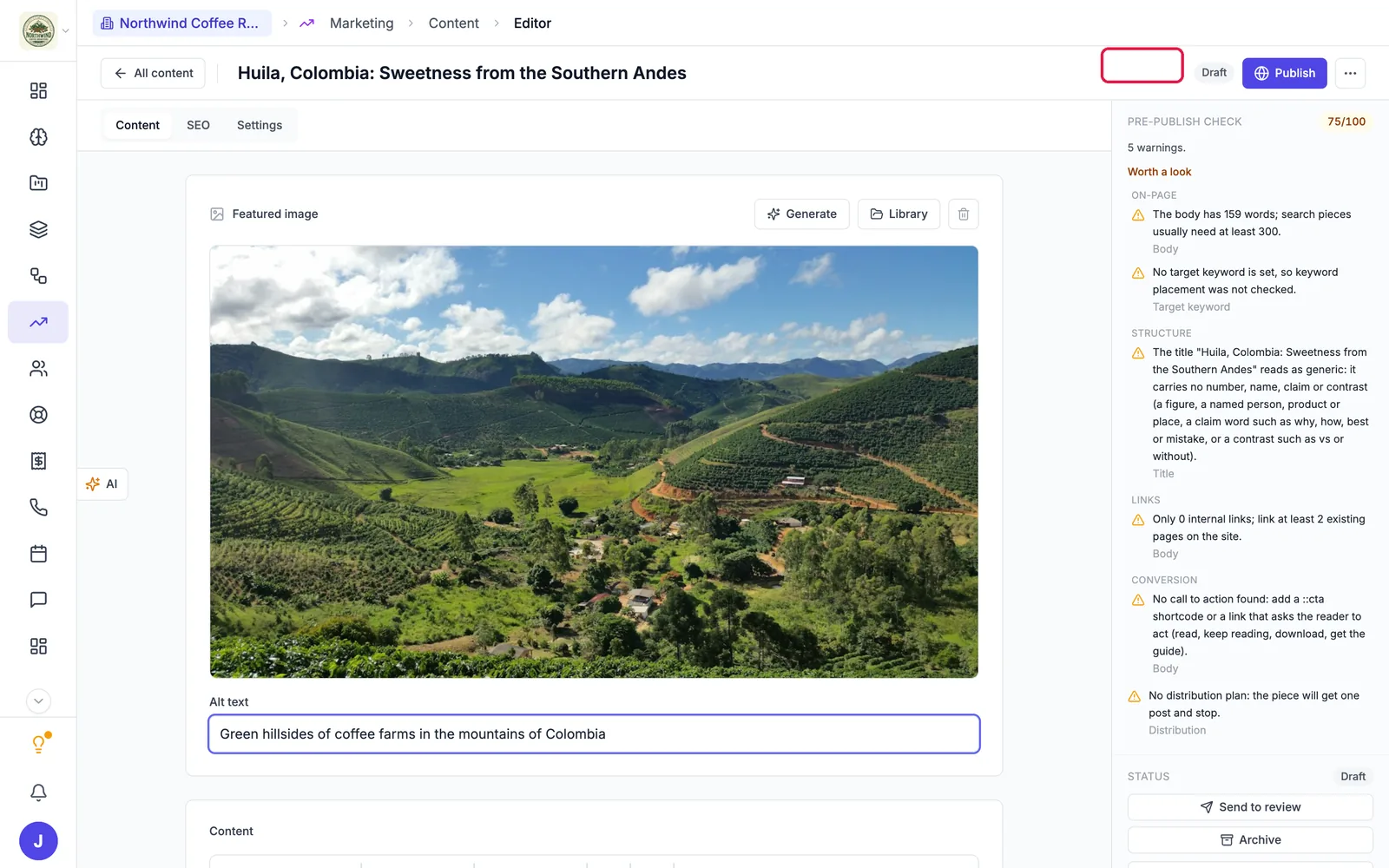 The post editor with the title Huila, Colombia: Sweetness from the Southern Andes, a featured photo of coffee hills, and the Pre-publish check showing 75 out of 100
