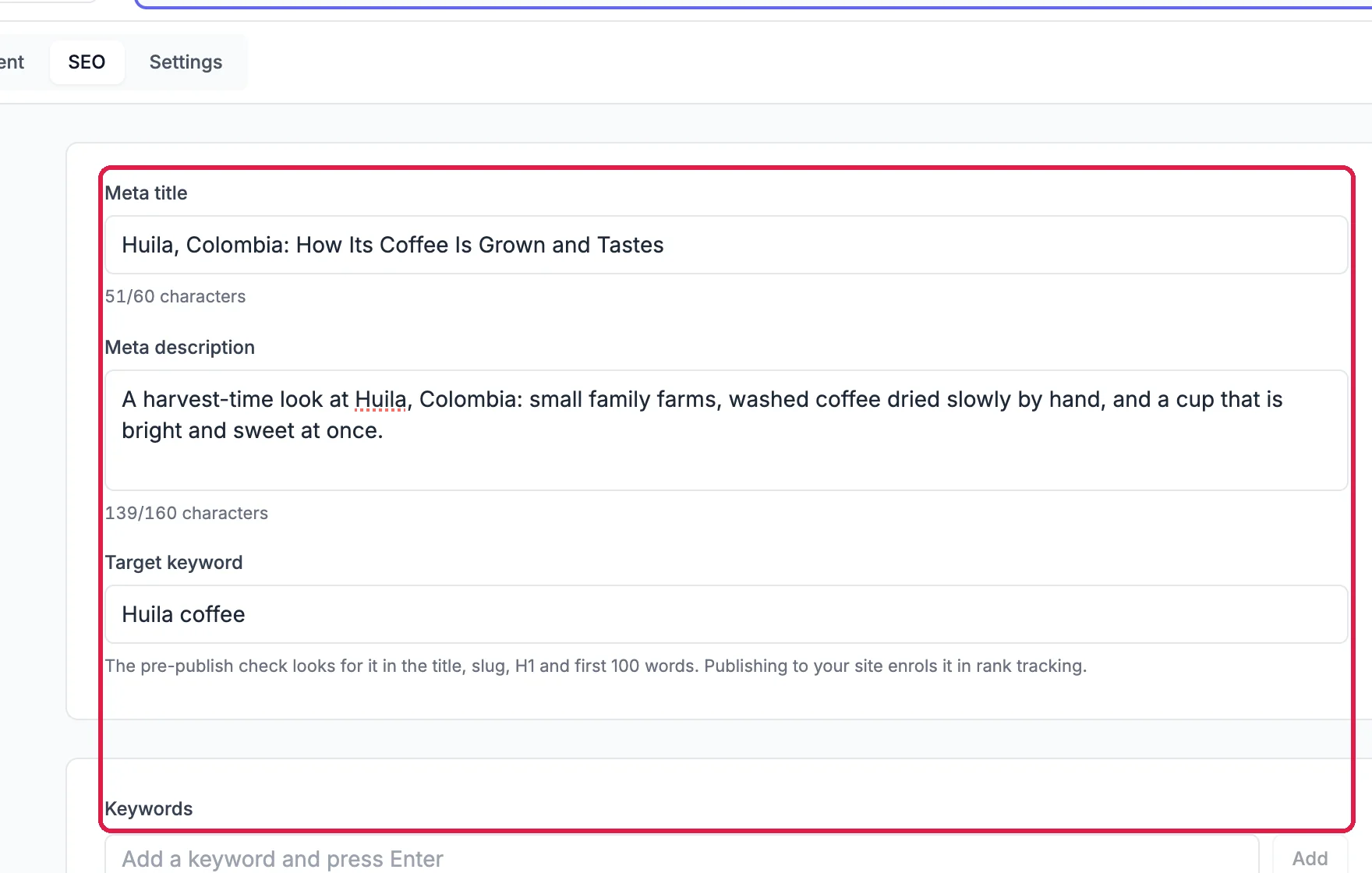 The SEO tab with a meta title, a meta description and the target keyword Huila coffee filled in