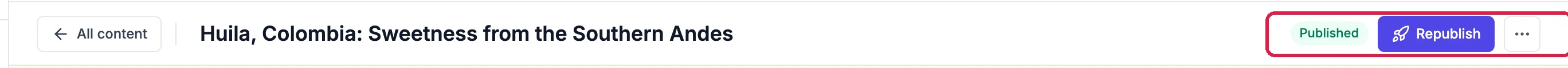 The top of the post editor with the Published badge and the Republish button outlined