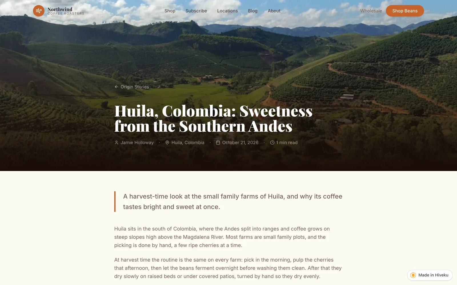 The live post page with the title, the author Jamie Holloway, Huila, Colombia, the date, and the opening paragraphs