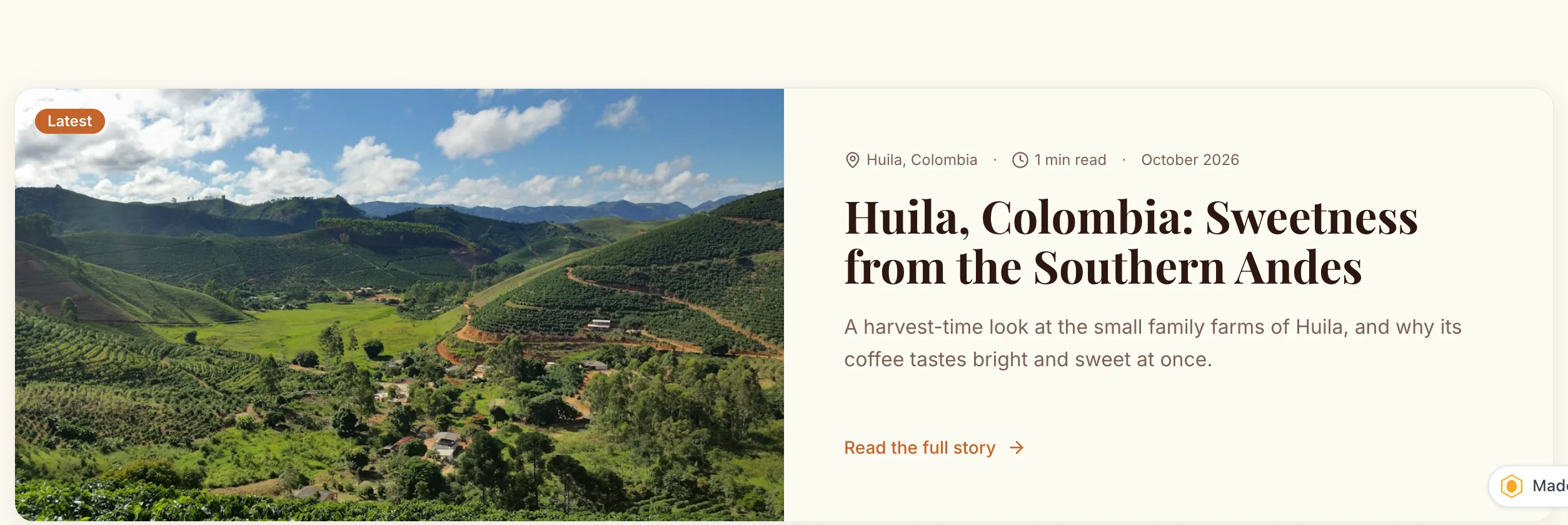 The live Northwind blog page with the new Huila, Colombia post marked Latest