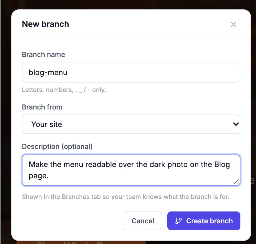 The New branch box with the name blog-menu, Branch from Your site, a description, and the Create branch button