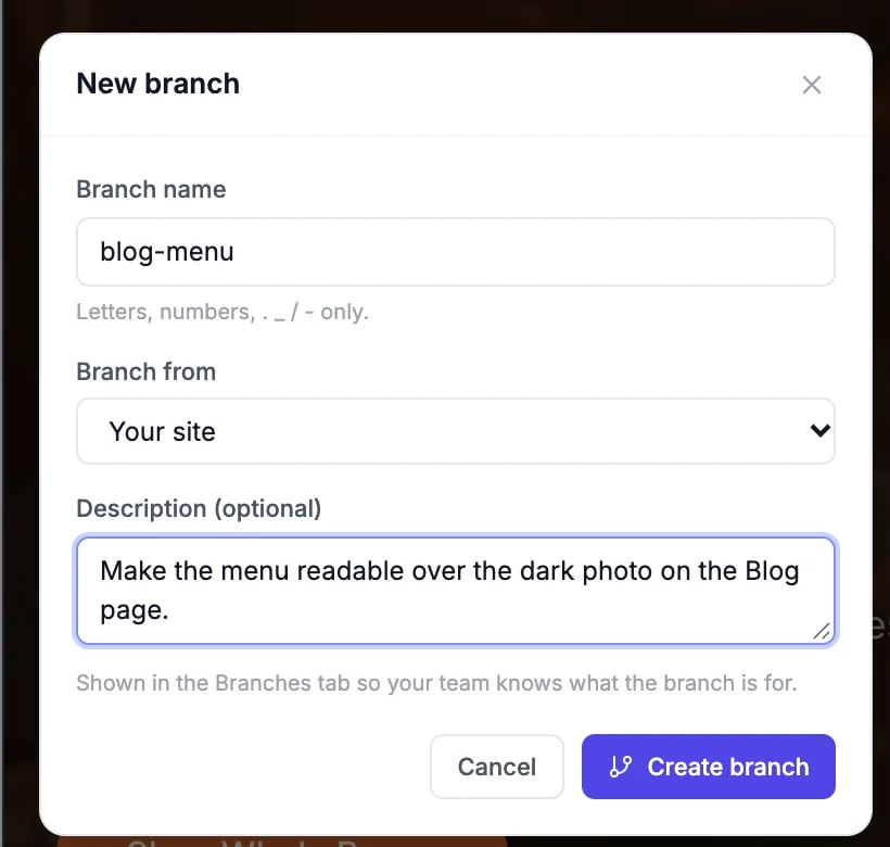 The New branch box with the name blog-menu, Branch from Your site, a description, and the Create branch button