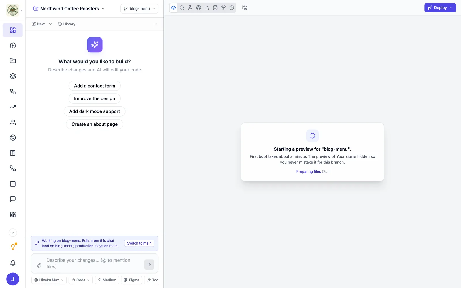The builder on the blog-menu branch, with the Working on blog-menu bar above the chat box and the preview starting