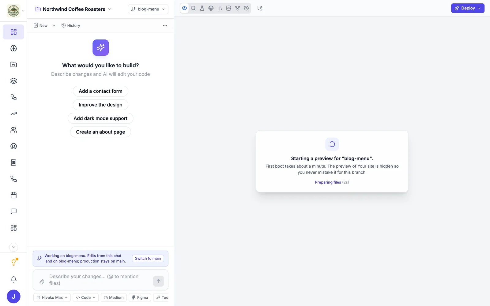 The builder on the blog-menu branch, with the Working on blog-menu bar above the chat box and the preview starting