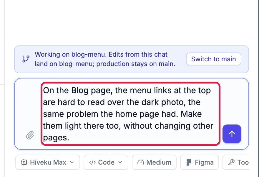 The chat box on the blog-menu branch with the request to make the Blog page menu light