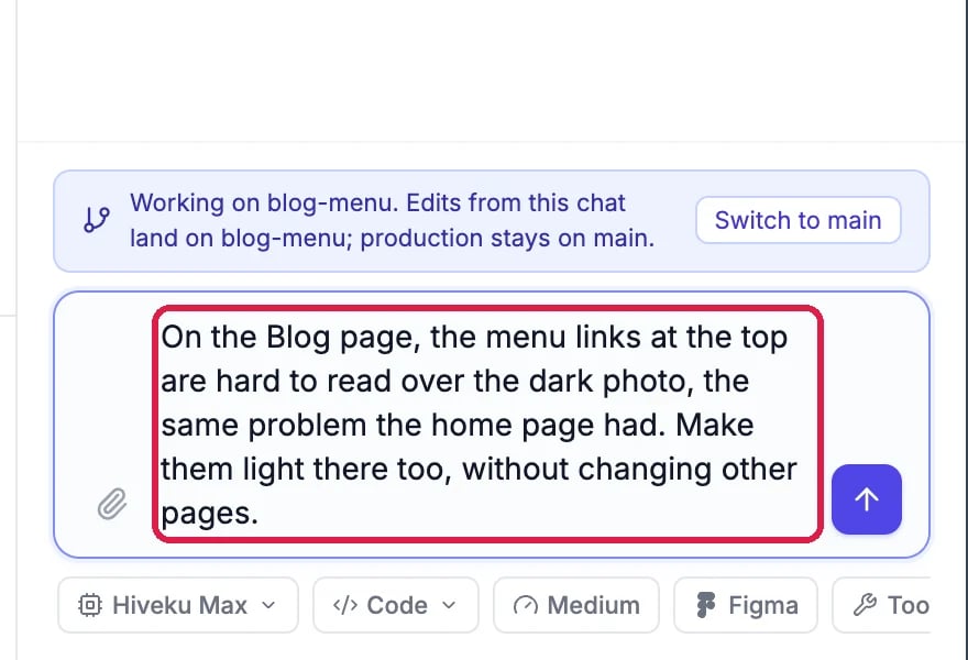 The chat box on the blog-menu branch with the request to make the Blog page menu light