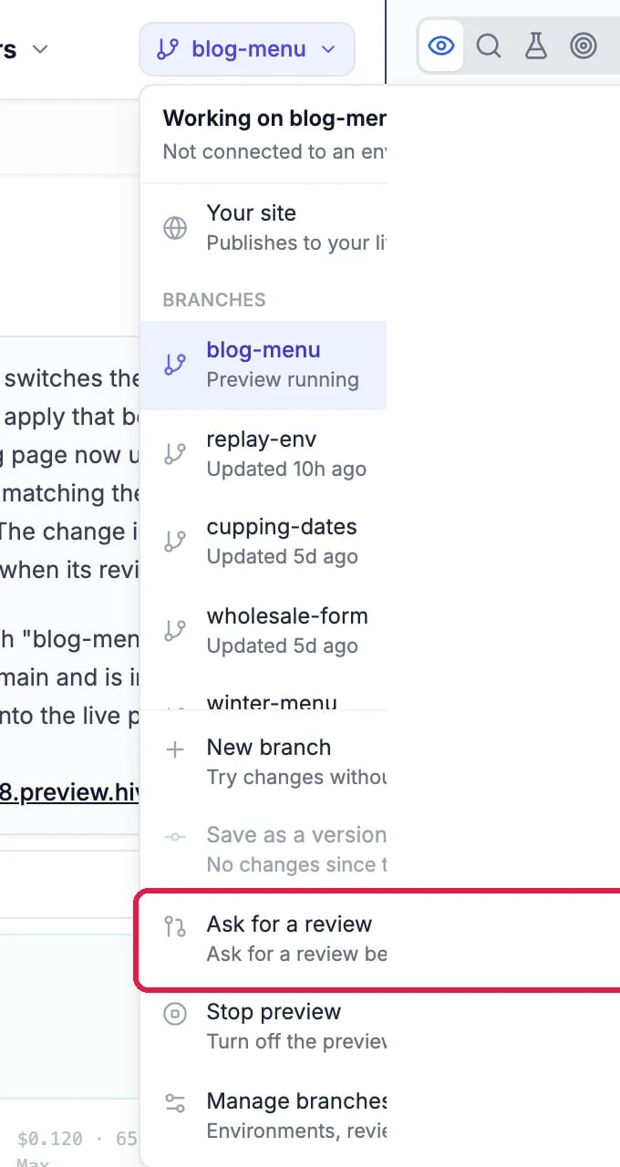 The branch menu for blog-menu with Ask for a review outlined