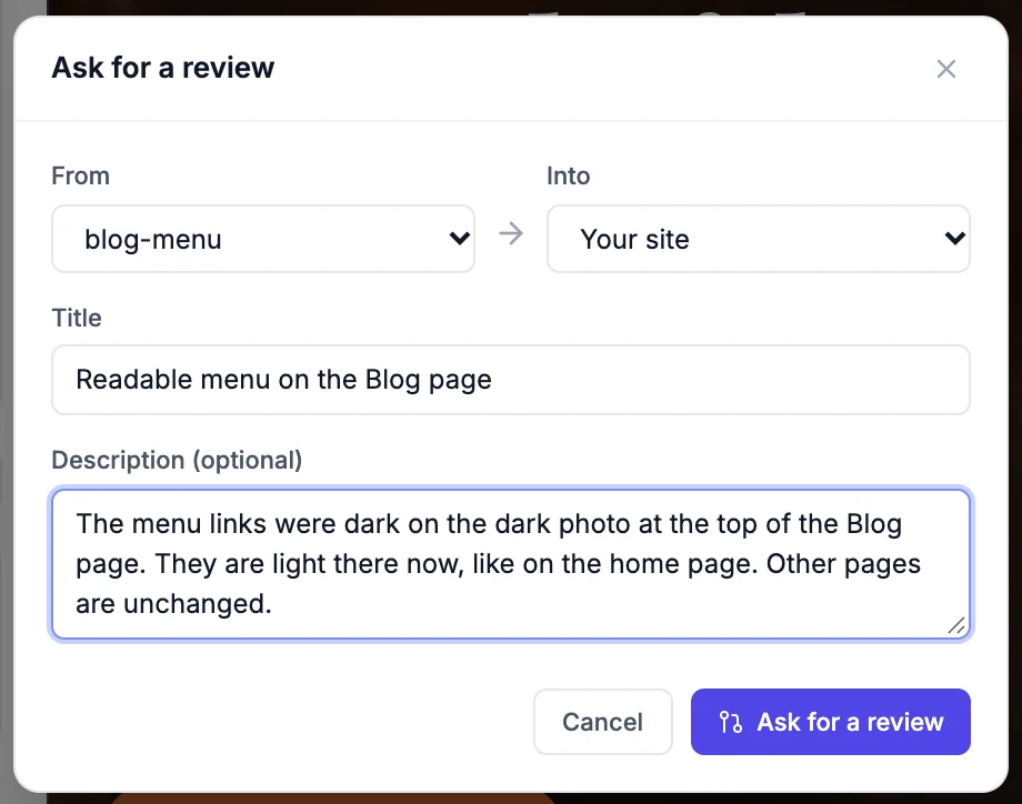 The Ask for a review box: from blog-menu into Your site, the title Readable menu on the Blog page, and a description