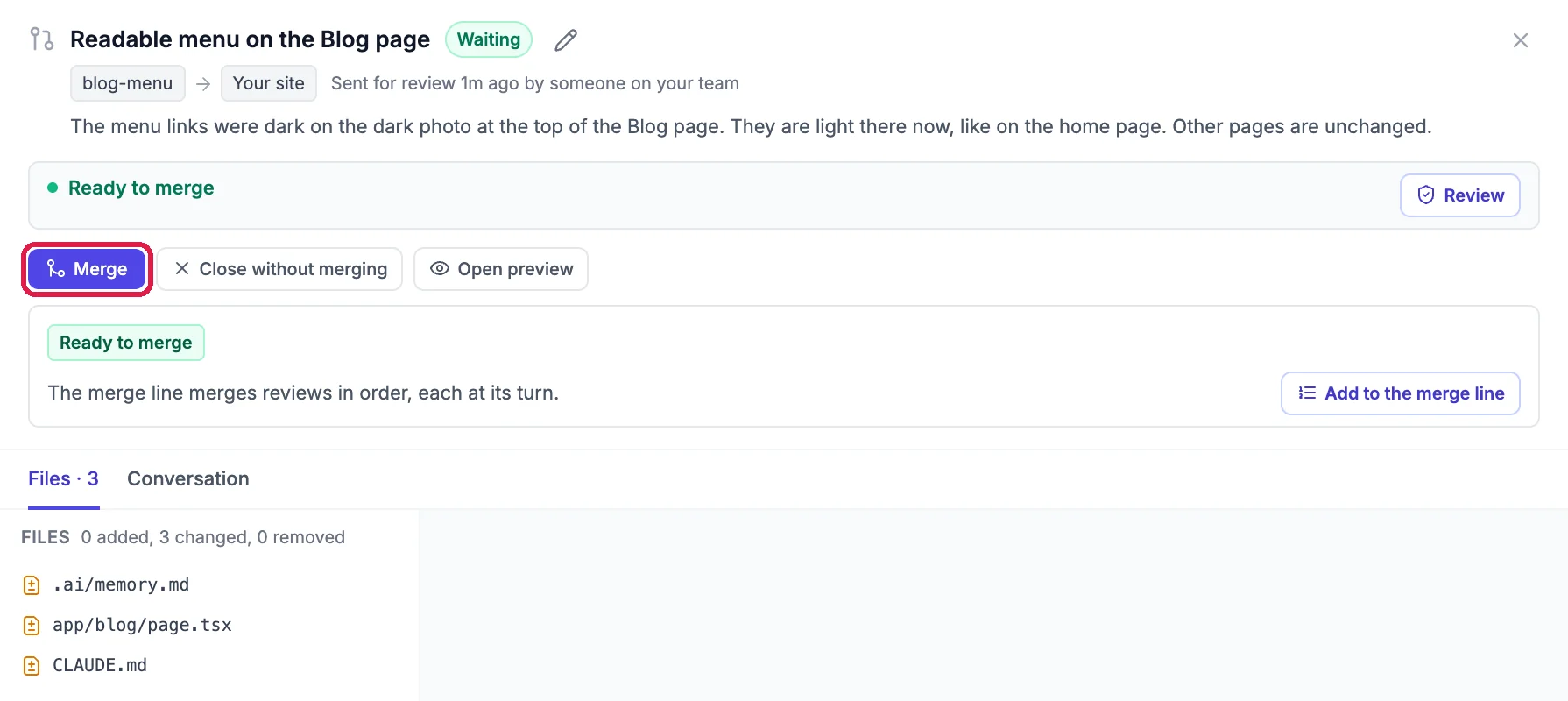 The review Readable menu on the Blog page, marked Ready to merge, with the Merge button outlined and three changed files