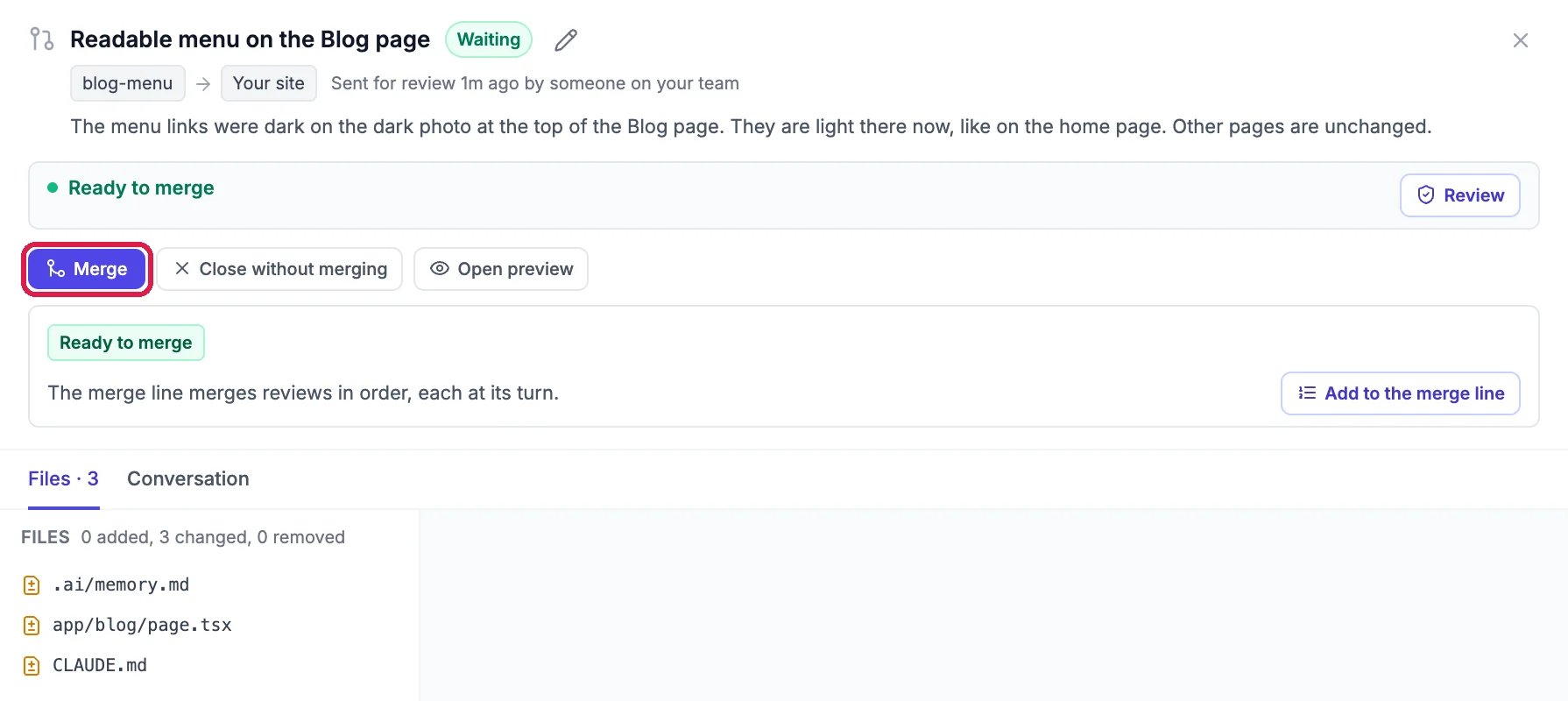 The review Readable menu on the Blog page, marked Ready to merge, with the Merge button outlined and three changed files