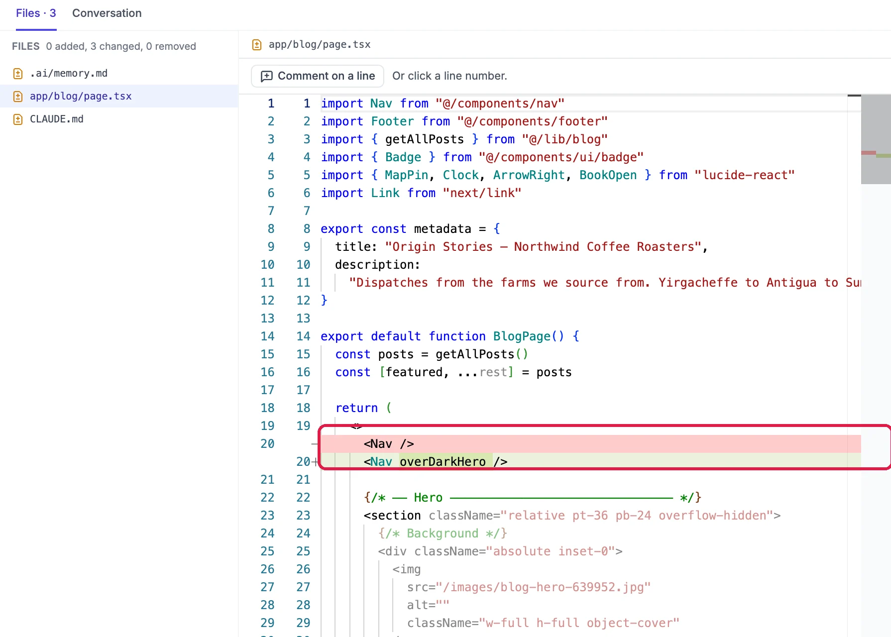A line-by-line view of app/blog/page.tsx with one line changed, outlined