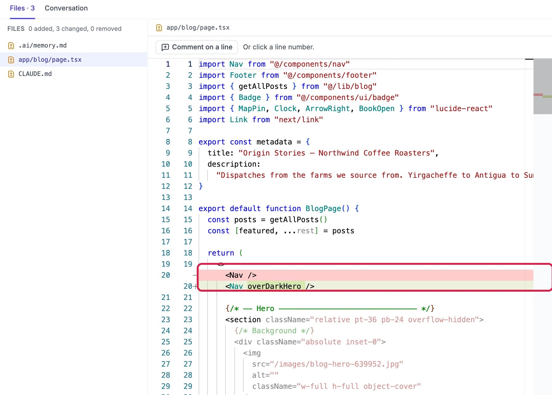 A line-by-line view of app/blog/page.tsx with one line changed, outlined