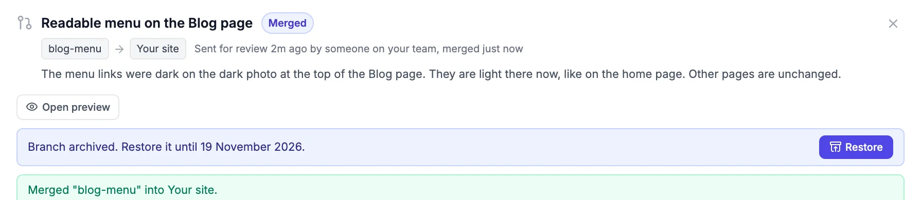 The review marked Merged, with Branch archived. Restore it until 19 November 2026. and Merged blog-menu into Your site.