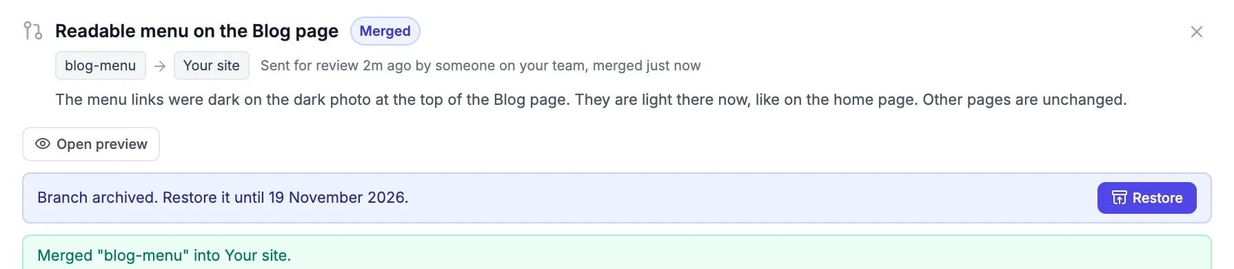 The review marked Merged, with Branch archived. Restore it until 19 November 2026. and Merged blog-menu into Your site.