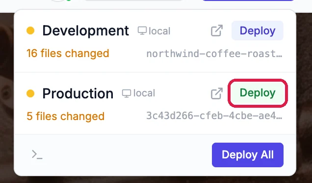 The Deploy menu with the Production row's Deploy button outlined