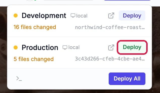 The Deploy menu with the Production row's Deploy button outlined